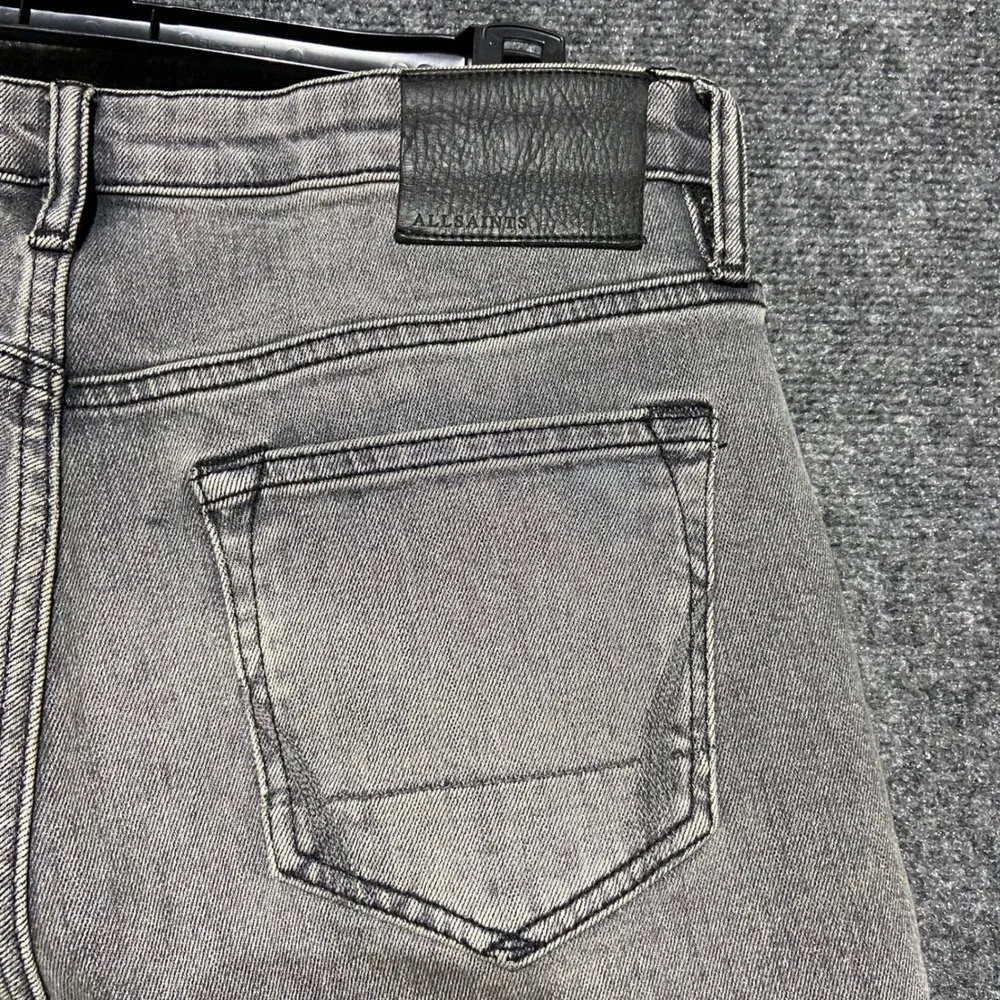 AllSaints Dean Slim Straight Grey Faded Jeans Size 30 Button Fly Raw Hem Grunge